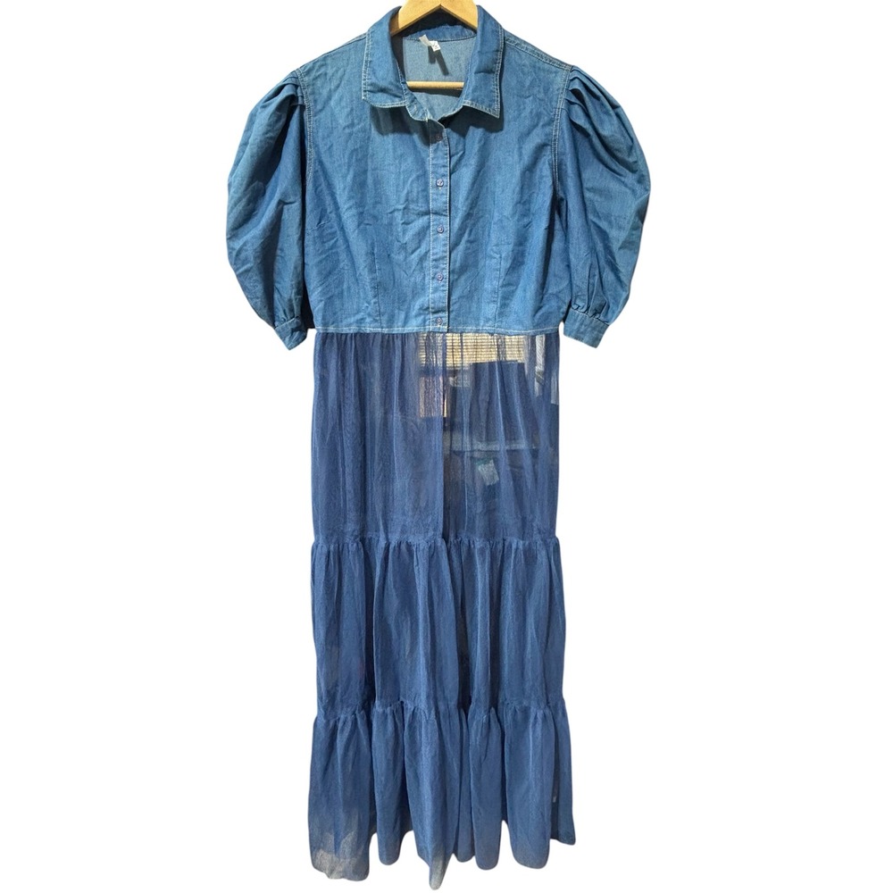 Live 4 Truth Denim Tulle Maxi Dress Women 2X Blue Puff Sleeve Mixed Media NEW